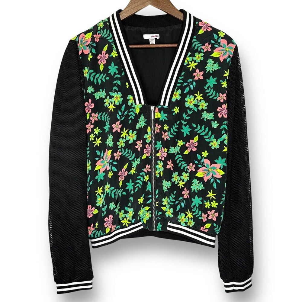NWOT Bongo VTG Y2K Floral Black White Bomber Varsity Jacket Women's Size Large‎